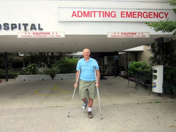 Peter on Crutches at the Arrow Lakes Hospital
