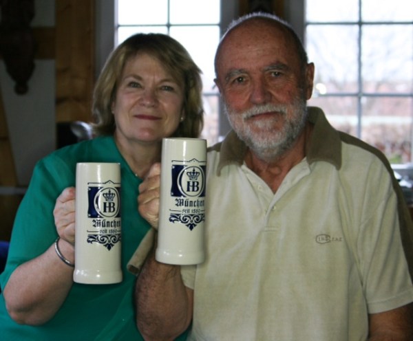 Dieter and Edda Barge - raising their mugs to say 'Happy Birthday!'